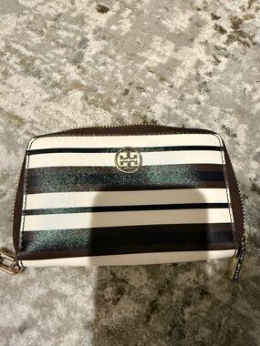 Tory Burch Brown and White Striped Zip Wallet with Logo